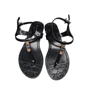 Coach Piccadilly Shoes Womens Size 5 Black PVC Thong Sandals Logo Medallion